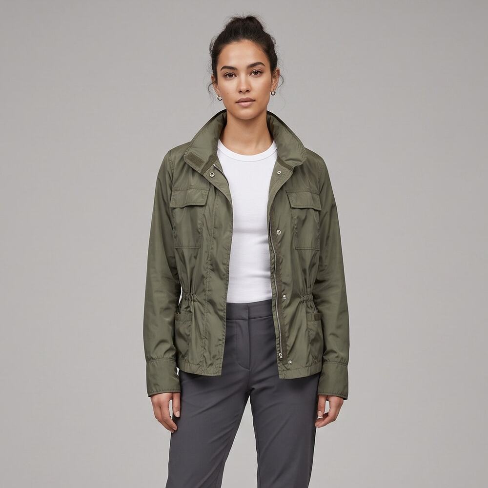 Gap Women L Olive Green Lightweight Utility Rain Jacket Hooded Cargo Full Zip